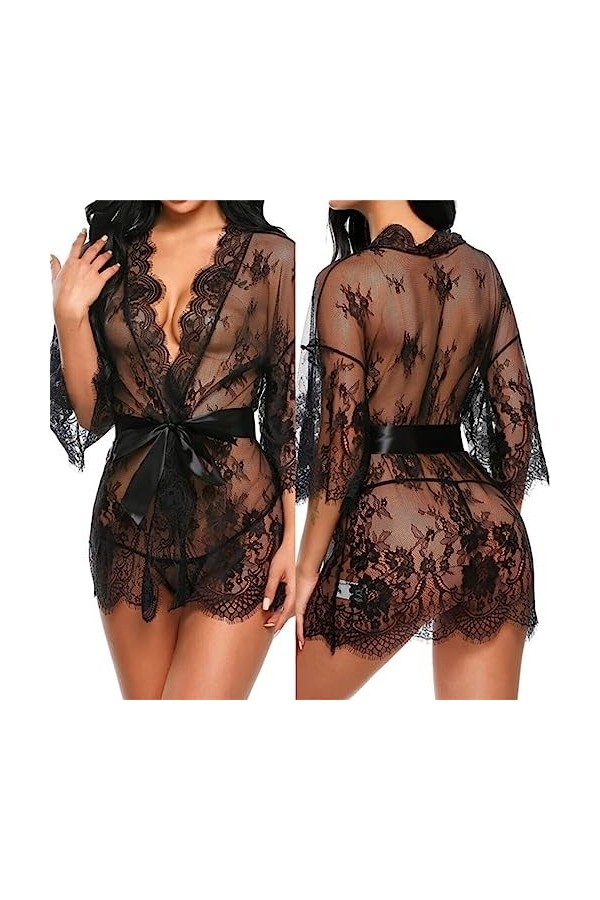 SooYoove. Lingerie Sexy. Peignoir. Transparent. Dentelles. V1. Noir. M 
