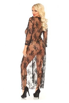 Leg Avenue 86102 Long Déshabillé en Dentelle & String Noir Taille XL EUR 46-48