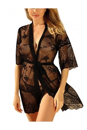 DKaren Femme Peignoir avec String Tulle Et Dentelle Transparent Sexy Anastazja, Noir,46