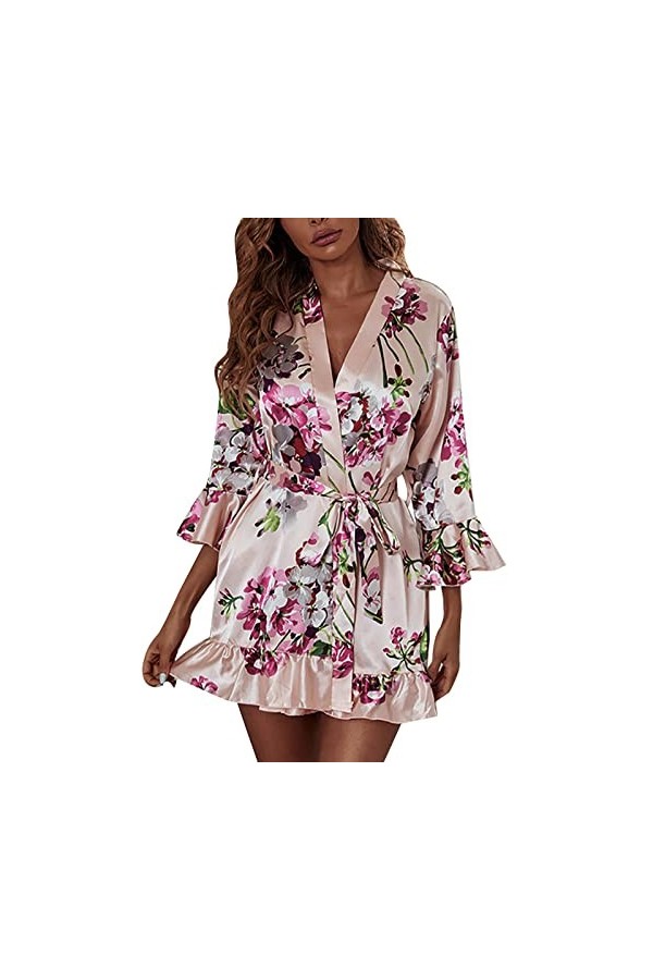 XIUH Peignoir kimono sexy en satin pour femme - Sans fil - Sexy - Sans fil - Robe de nuit sexy, Or G, M