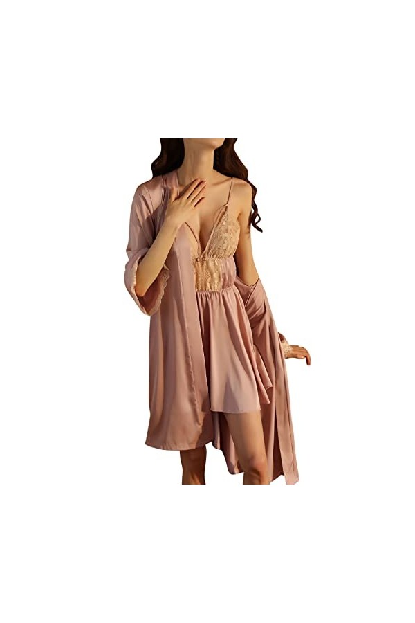 XIUH Peignoir kimono sexy en satin pour femme - Sans fil - Sexy - Sans fil - Robe de nuit sexy, Or G, M
