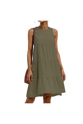 Qoier Queer Robe Ample décontractée dété pour Femmes 2023, Couleur Unie sans Manches col Rond Patchwork Robe dété plissée