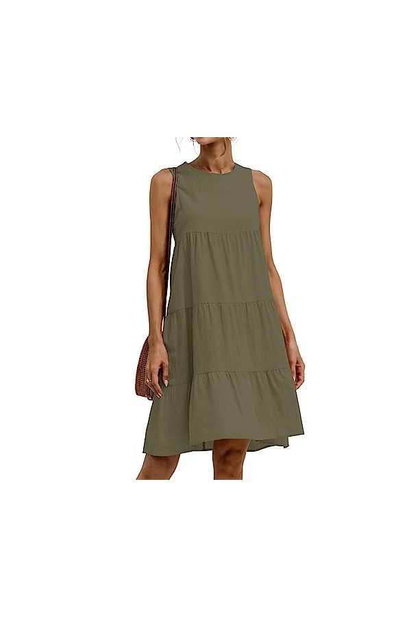 Qoier Queer Robe Ample décontractée dété pour Femmes 2023, Couleur Unie sans Manches col Rond Patchwork Robe dété plissée