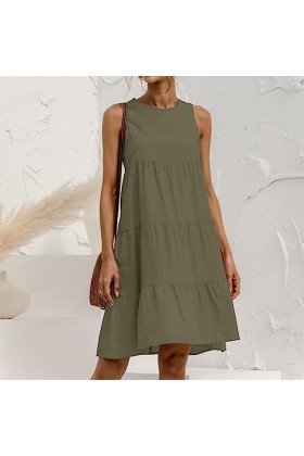 Qoier Queer Robe Ample décontractée dété pour Femmes 2023, Couleur Unie sans Manches col Rond Patchwork Robe dété plissée