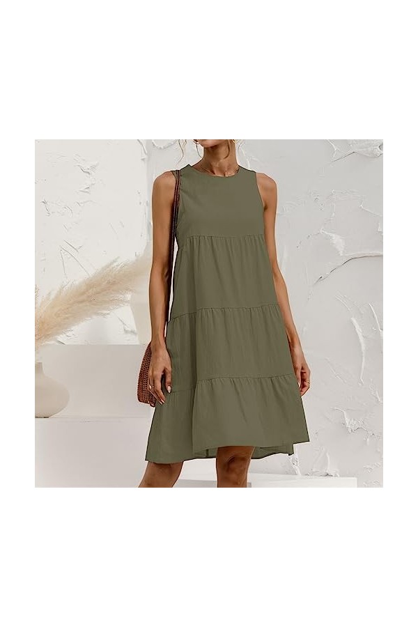 Qoier Queer Robe Ample décontractée dété pour Femmes 2023, Couleur Unie sans Manches col Rond Patchwork Robe dété plissée