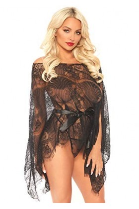 Leg Avenue 86104 Long Déshabillé/String en Dentelle Noir Taille Unique EUR 34-38