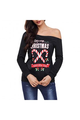 Yvelands Liquidation Femme lhiver De NoëL Lettre De Noel Impression Col Haut Et Bas ÉPaule sans Bretelles Manches Longues Le