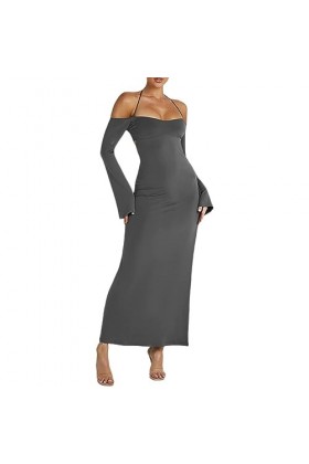 Qoier Femmes été Tunique Robe Couleur Unie côté Fente Licou Cou Dos Nu Style Vintage à Manches Longues Maxi Robes