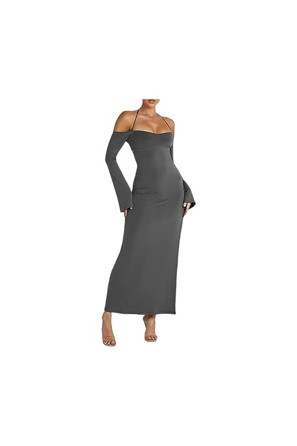 Qoier Femmes été Tunique Robe Couleur Unie côté Fente Licou Cou Dos Nu Style Vintage à Manches Longues Maxi Robes