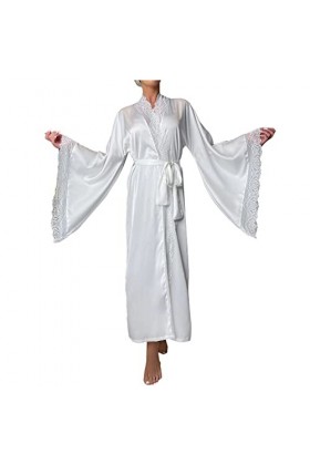 liaddkv Robe de bain pour femme Ice Silky avec bordure en soie et manches longues avec cravate sexy Homewear pour femme, Blan