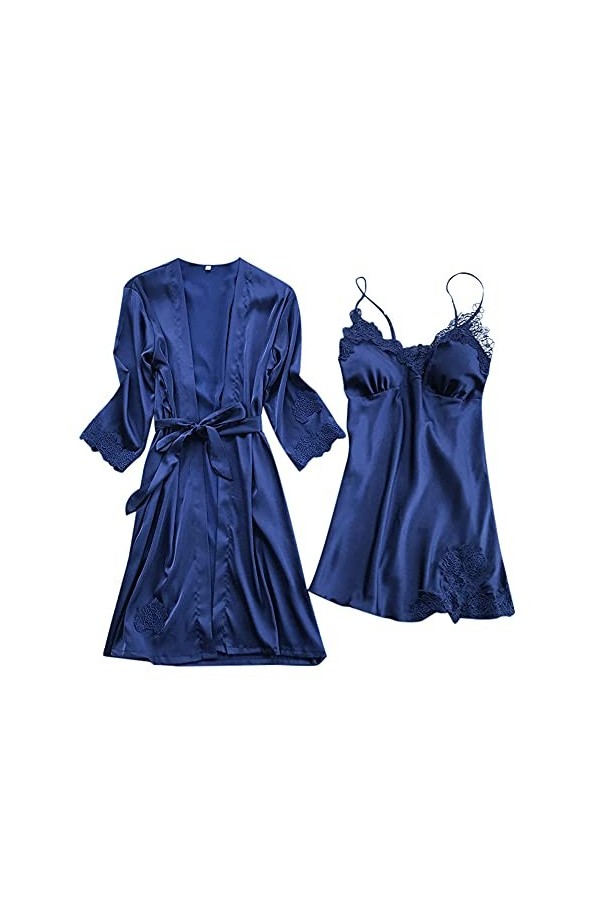 Sous-vêtement de nuit pour femme - Spaghetti - Slip intégral - Col en V - Vêtement de nuit - Mini robe de nuit, Marine, XL