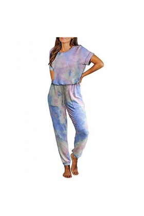 Vêtements De Nuit Femme Ensemble De Pyjama Tie-Dye avec Haut À Manches Courtes Et Pantalon Capri Doux Et Confortable Manches 