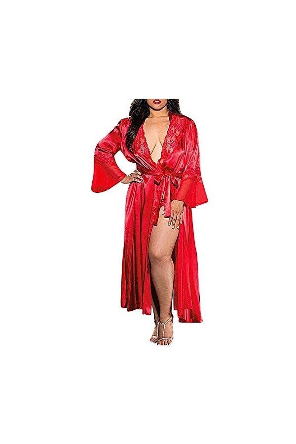 INLLADDY Robe de chambre en satin - Kimono sexy - Avec ceinture - En dentelle - Rouge - XXL
