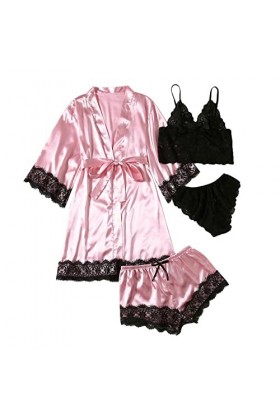 Pyjama 4 pièces pour femme - Couleur unie - Sexy - Col rond - Chemise de nuit pour la Saint-Valentin - Robe de nuit - T-shirt