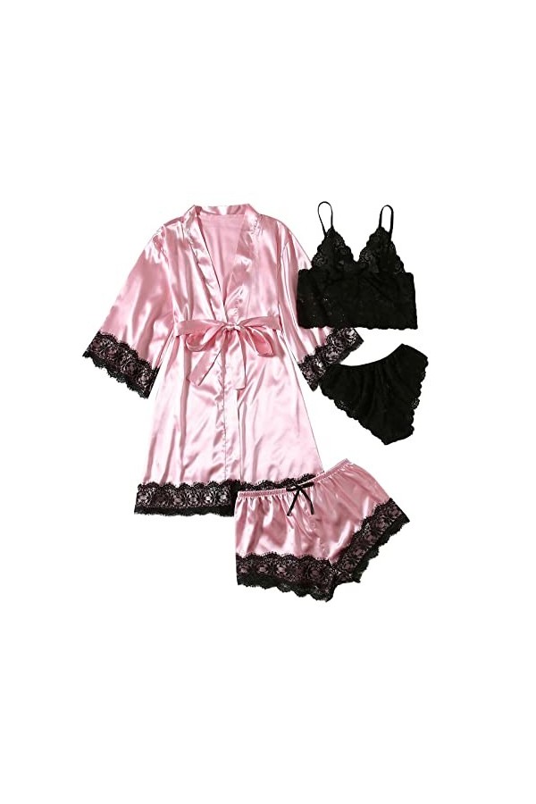 Pyjama 4 pièces pour femme - Couleur unie - Sexy - Col rond - Chemise de nuit pour la Saint-Valentin - Robe de nuit - T-shirt