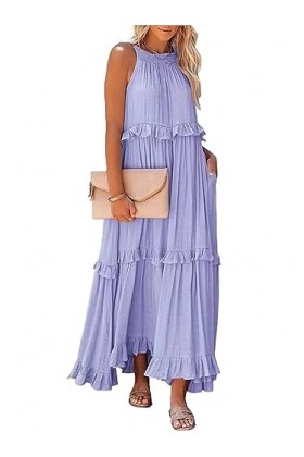 Robe Longue à Volants for Femmes, Couleur Unie, décontractée, Ample, sans Manches, ajourée, à Nouer, sur la Plage, fête, Maxi