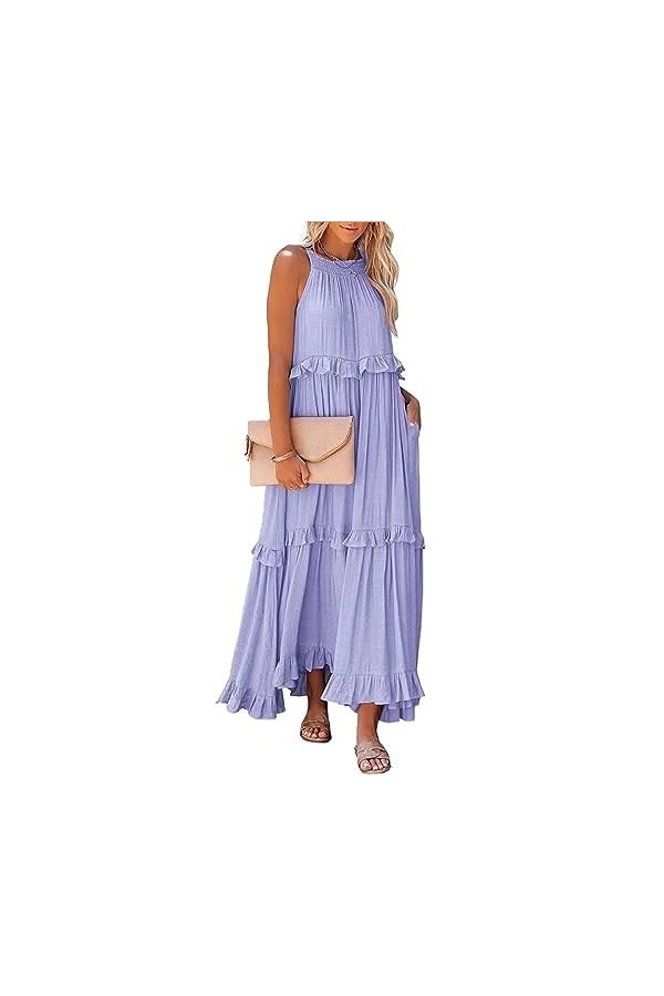 Robe Longue à Volants for Femmes, Couleur Unie, décontractée, Ample, sans Manches, ajourée, à Nouer, sur la Plage, fête, Maxi