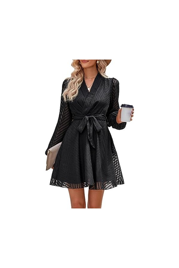 Lovehomily Robe Courte décontractée à Manches Longues en Dentelle avec Lien à la Taille et Double Couche à Volants et col en 