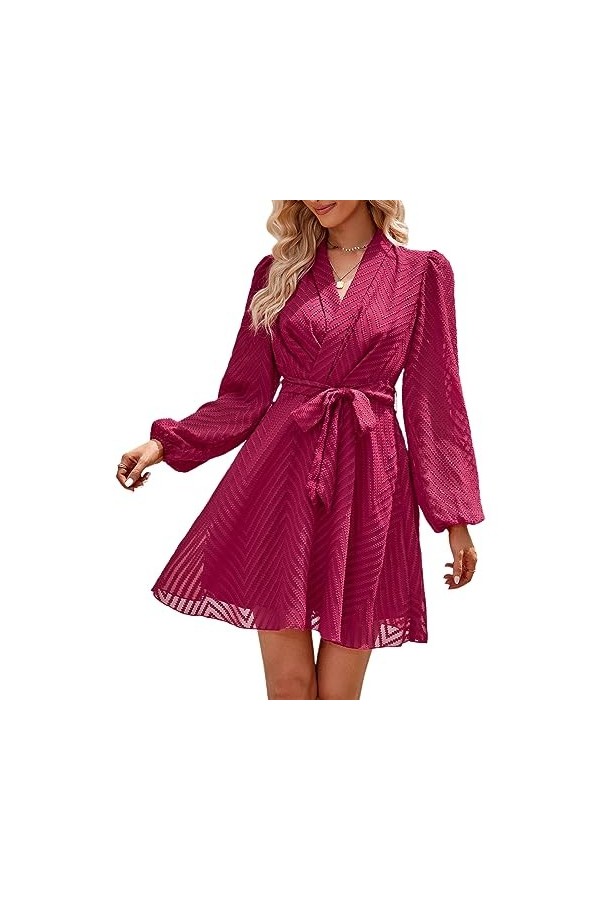 Lovehomily Robe Courte décontractée à Manches Longues en Dentelle avec Lien à la Taille et Double Couche à Volants et col en 