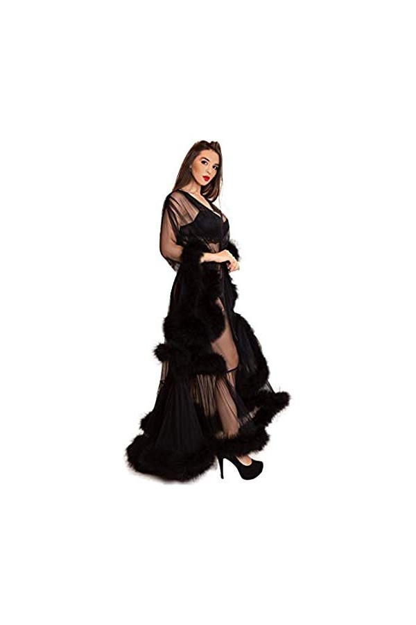 Femme Peignoir, Robe De Queue À Manches Évasées Sexy en Plumes pour Femmes/Ensemble Pyjama Peignoir Transparent Convient pour