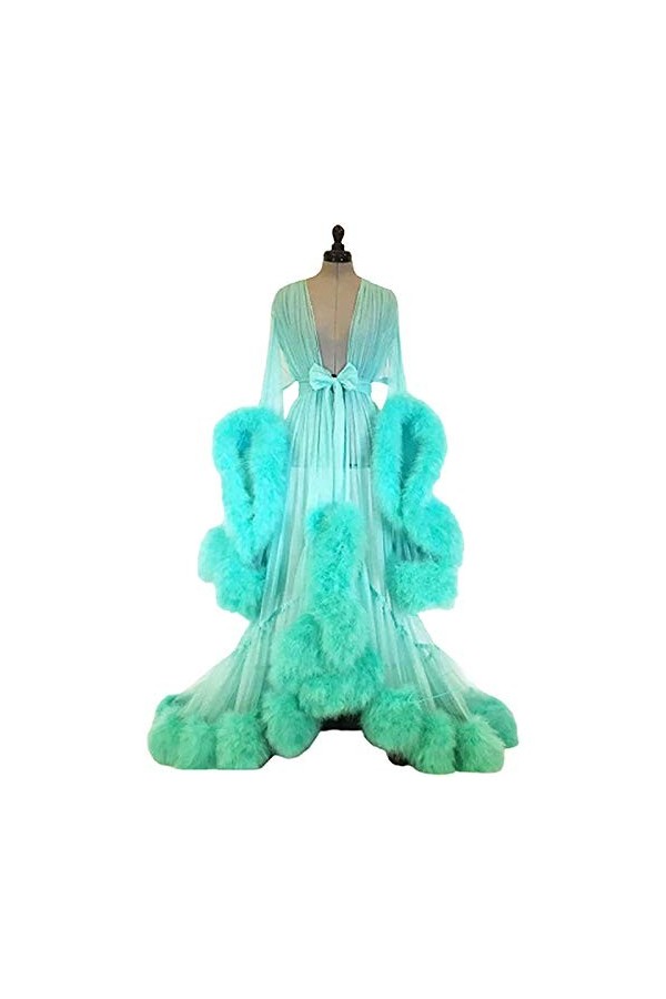 Femme Peignoir, Robe De Queue À Manches Évasées Sexy en Plumes pour Femmes/Ensemble Pyjama Peignoir Transparent Convient pour