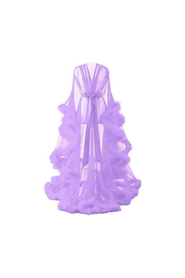 Femme Peignoir, Robe De Queue À Manches Évasées Sexy en Plumes pour Femmes/Ensemble Pyjama Peignoir Transparent Convient pour