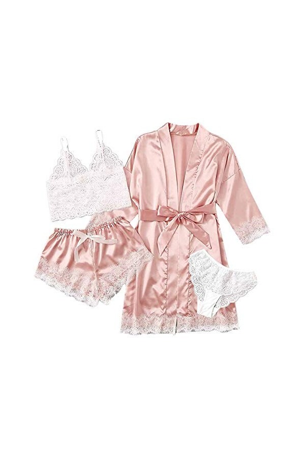 Pyjama 4 pièces pour femme - Couleur unie - Sexy - Col rond - Chemise de nuit pour la Saint-Valentin - Robe de nuit - T-shirt