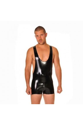 Sexy Men Black Latex Catsuit Gummi Rubber Jumpsuit Tank Vest avec Crotch Zipper