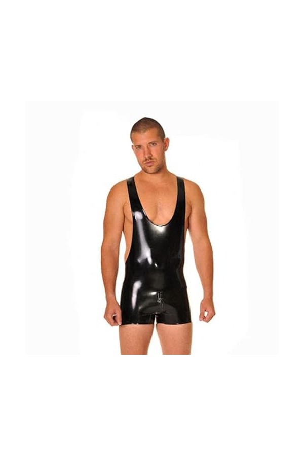 Sexy Men Black Latex Catsuit Gummi Rubber Jumpsuit Tank Vest avec Crotch Zipper