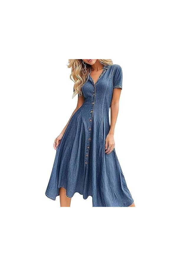Lovehomily Robe Chemise décontractée boutonnée en Jean à Manches Courtes pour Femme - Tunique légère en Jean