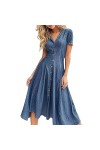 Lovehomily Robe Chemise décontractée boutonnée en Jean à Manches Courtes pour Femme - Tunique légère en Jean