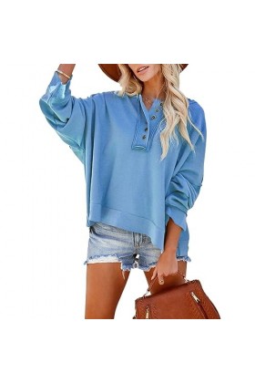 Qoier Sweat-Shirt décontracté pour Femme avec Demi-Bouton, Coupe Ample, Absorption de lhumidité, Style Sportif, Manches Dolm