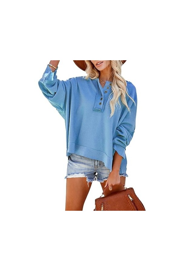 Qoier Sweat-Shirt décontracté pour Femme avec Demi-Bouton, Coupe Ample, Absorption de lhumidité, Style Sportif, Manches Dolm