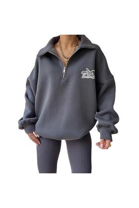 Qoier Sweat-Shirt imprimé pour Femme, Coupe Ample, épaules Tombantes, col Rabattu, Manches Longues, Couleur Unie, col en V, T