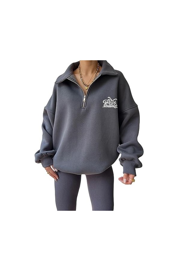 Qoier Sweat-Shirt imprimé pour Femme, Coupe Ample, épaules Tombantes, col Rabattu, Manches Longues, Couleur Unie, col en V, T