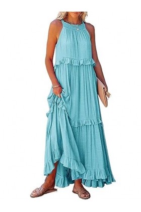 Robe Longue à Volants for Femmes, Couleur Unie, décontractée, Ample, sans Manches, ajourée, à Nouer, sur la Plage, fête, Maxi