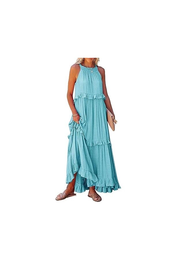 Robe Longue à Volants for Femmes, Couleur Unie, décontractée, Ample, sans Manches, ajourée, à Nouer, sur la Plage, fête, Maxi