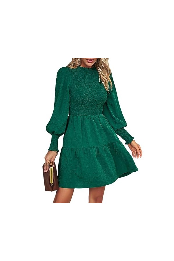 Fehploh Robes pour Femmes 2023 Printemps Eté Mini Robe Lanterne Manches Col Rond Une Ligne Mini Robe Décontractée Mini Robe