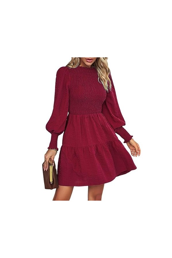 Fehploh Robes pour Femmes 2023 Printemps Eté Mini Robe Lanterne Manches Col Rond Une Ligne Mini Robe Décontractée Mini Robe