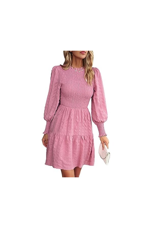 Fehploh Robes pour Femmes 2023 Printemps Eté Mini Robe Lanterne Manches Col Rond Une Ligne Mini Robe Décontractée Mini Robe