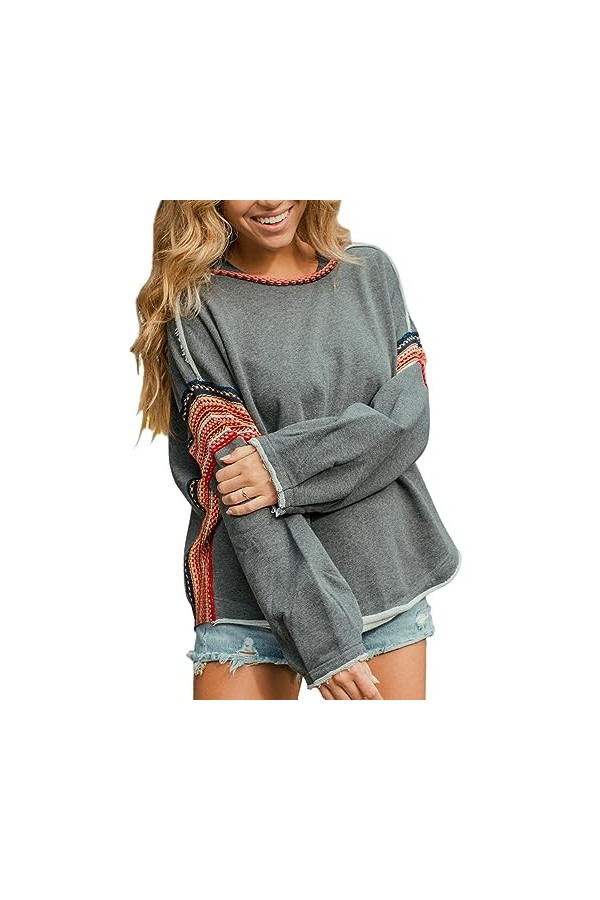 Fehploh 2023 Automne Femmes Pull Sweat col Rond Manches Longues Sweat Patchwork Contraste Sweat