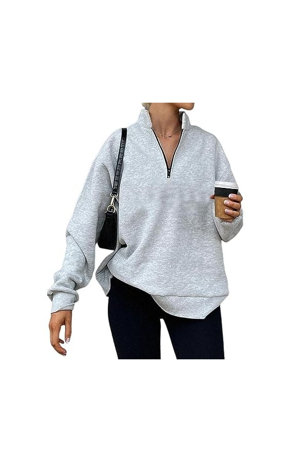 Qoier Pull à Manches Amples et Demi-Fermeture éclair pour Femme - Style Sportif - Sweat-Shirt surdimensionné - Couleur Unie -