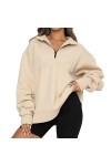 Qoier Pull à Manches Amples et Demi-Fermeture éclair pour Femme - Style Sportif - Sweat-Shirt surdimensionné - Couleur Unie -