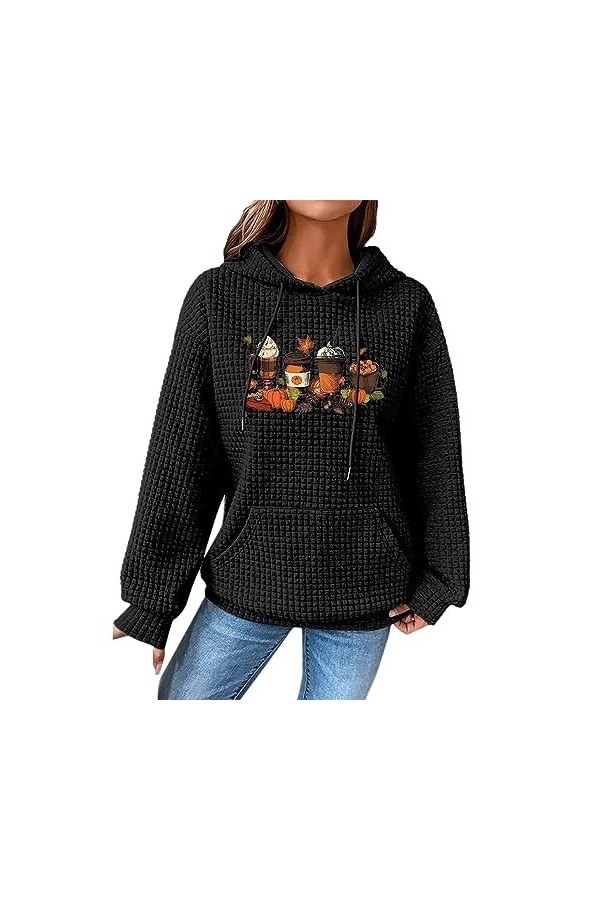 Qoier Sweat à Capuche pour Femme Halloween - Tenue de fête - Imprimé Citrouille - Haut avec Cordon de Serrage