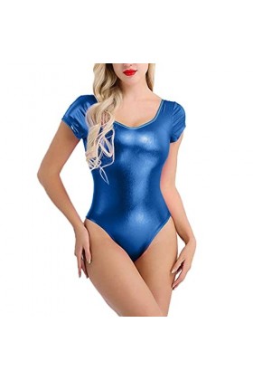 Générique Femmes Wetlook Body Shiny Ballet Justaucorps Dance Body Jumpsuit Party Dance Wear Disco Mini Jupe Courte Sexy Blue