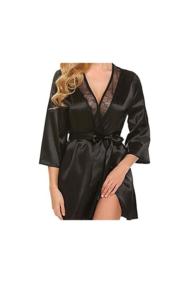 KOOKYY Robe Robe Sexy Robe de Nuit Lingerie Dentelle Ceinture Robe de Bain Vêtements de Nuit Sexy Peignoirs couleur : noir