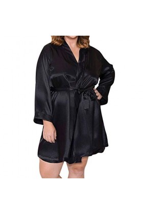 KaloryWee Pyjama Robe Femme Peignoir Kimono Lingerie Sexy Dentelle Fausse Soie Grand Taille Nuisette Vêtement De Nuit Robe De