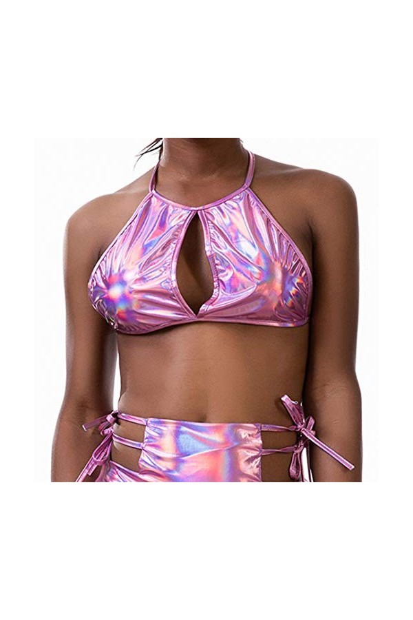 Flyrose Femme Métallique Trou de Serrure Découpe Dos Nu Festival Rave Crop Tu - - Taille L