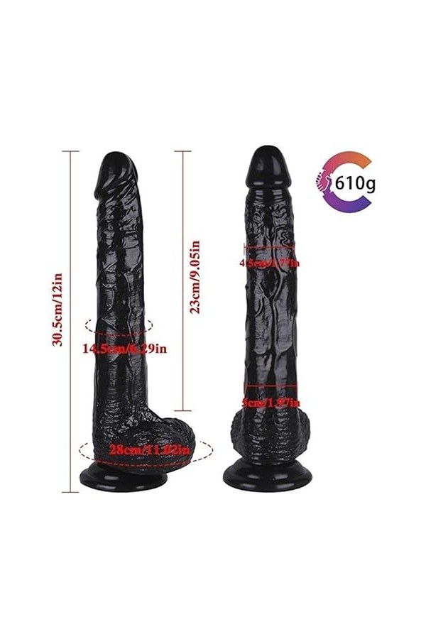 XXL Gode géant Goliath 30cm de long noir pénis avec gland, veines, testicules et ventouse, pour femmes et hommes
