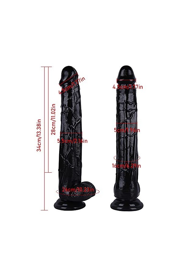 BSAI 34cm Noir Silicone Enorme Souple Con Ceinture Ventouse, Grande Taille Portable